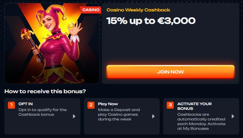 X3Bet casino weekly cashback offering 15% up to €3,000