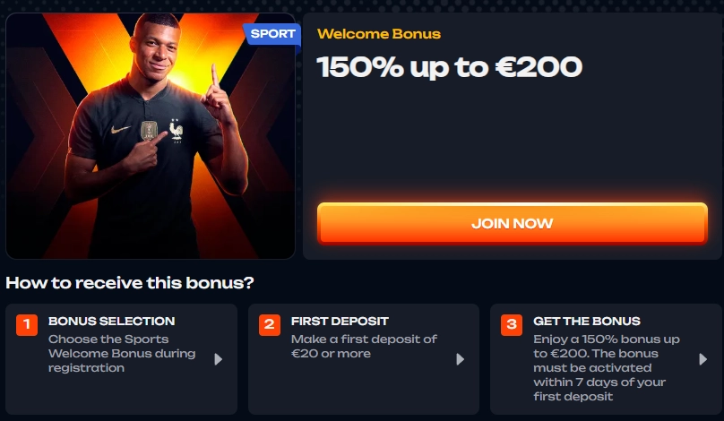 X3Bet sports welcome bonus offering 150% up to €200