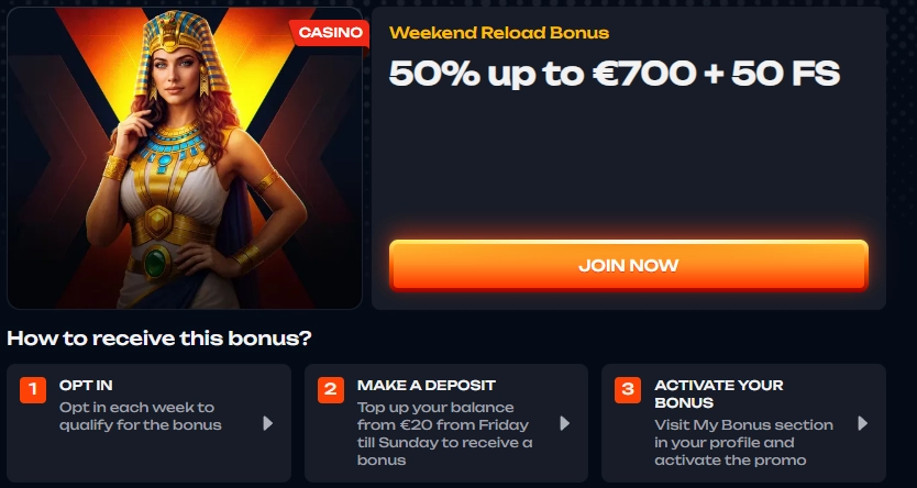 X3Bet weekend reload bonus offering 50% up to €700 plus 50 free spins