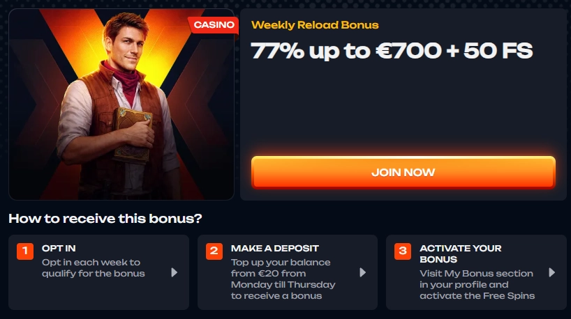 X3Bet weekly reload bonus offering 77% up to €700 plus 50 free spins