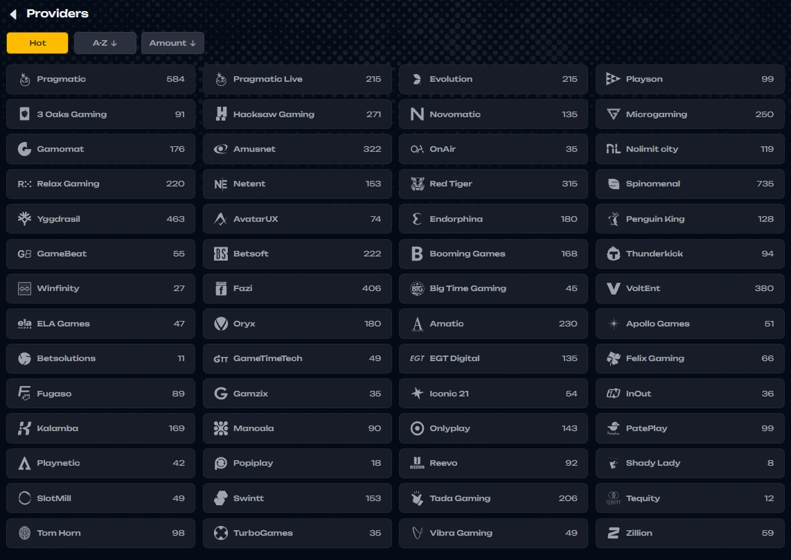 X3Bet casino providers list showing Pragmatic Play, Evolution and other software studios