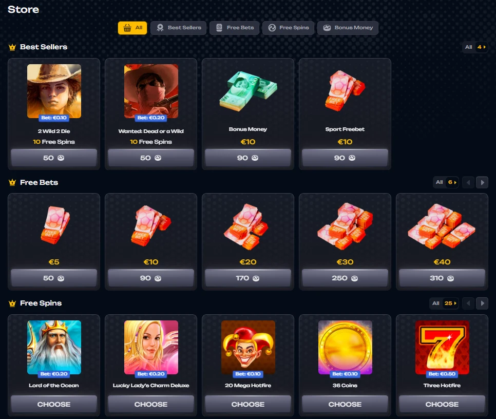 X3Bet Store showing free bets, free spins and bonus money rewards