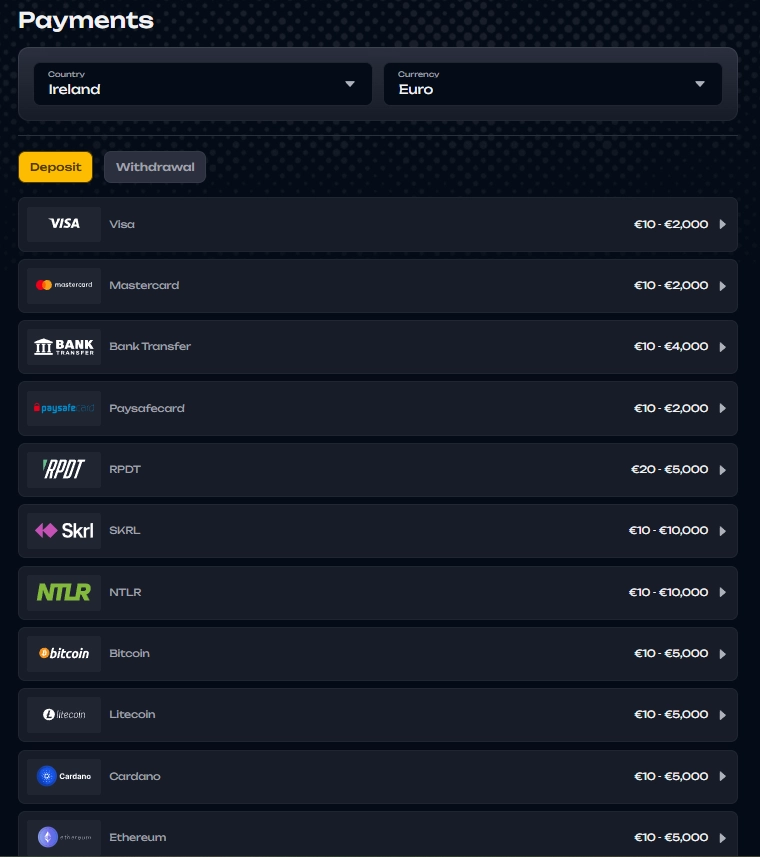 X3Bet Payments page showing deposit methods and limits for Ireland